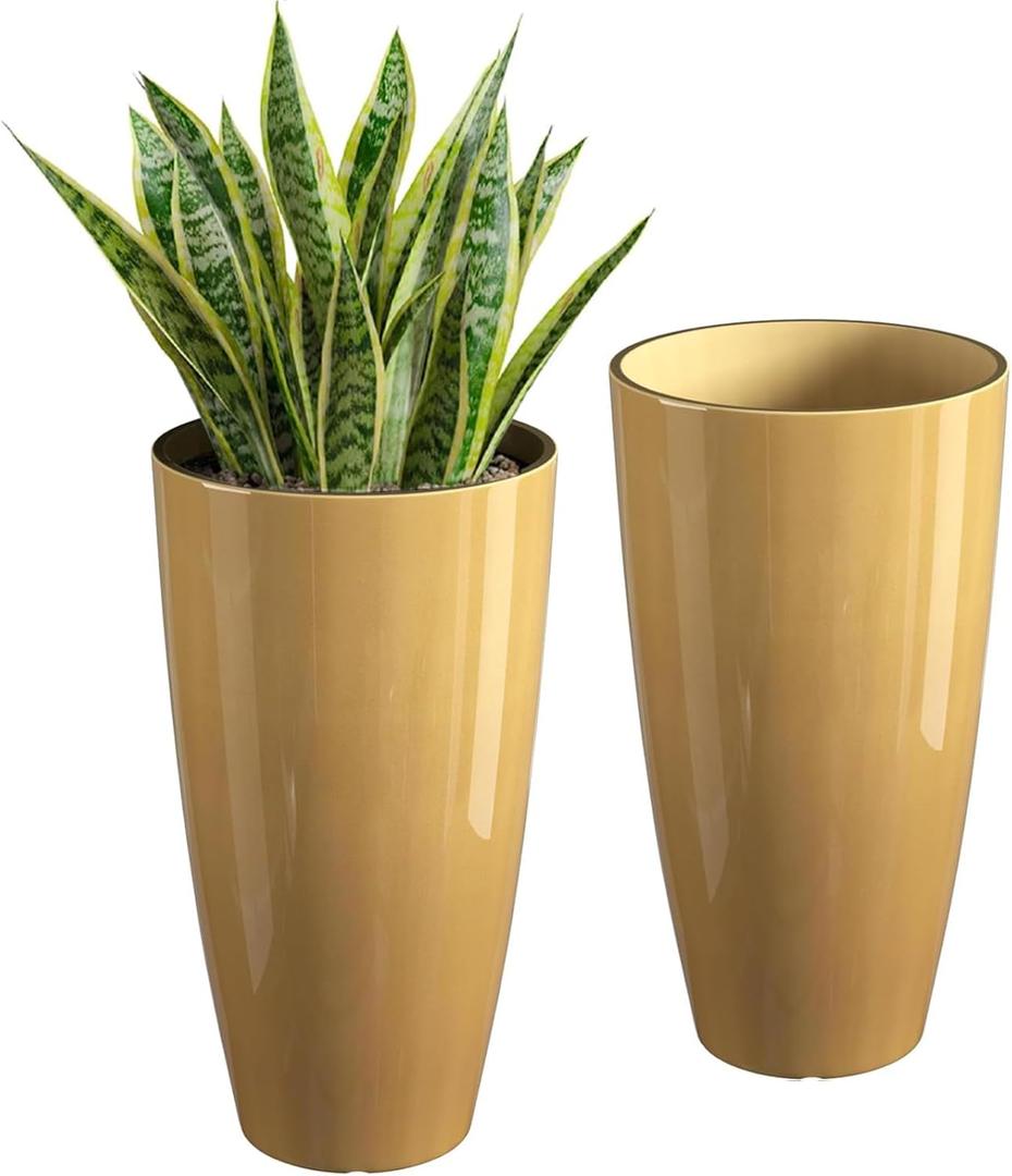 QCQHDU 21 inch Tall Planters for Outdoor & Indoor Plants, 2 Pack Sturdy Plant-Flower-Tree Pots for Front Porch Patio Deck Living Room Decor, Golden