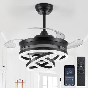 42" Retractable Ceiling Fans with Lights, Modern Fandelier Ceiling Fan with LED Light and Remote/APP Control 3 CCT, Reversible, 6 Wind Speed, Chandelier Ceiling Fan for Bedroom, Living Room Black