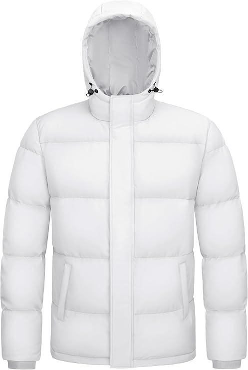 MAGCOMSEN Mens Hooded Down Jacket Water Resistant Puffer Jacket Full Zip Up Windproof Winter Jacket with Zip Pockets, Color White, L