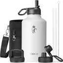 Coolflask Half Gallon Water Bottle Insulated with Straw & 3 Lids, 64 oz Water Jug Large Metal Stainless Steel Wide Mouth for Sports, Gym or Office, Non-BPA Keep Cold 48H Hot 24H, White