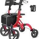 LOSEEF Rollator Walkers for Seniors, 10" Big Rubber Wheels All Terrain Rollator Walker with Adjustable Backrest and Handles, 350 Lbs, Cup Cane Holder, Foldable Lightweight Walker with Seat for Seniors Red