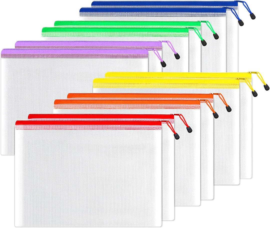 SUNEE 12pcs Mesh Zipper Pouch 11x16, Large Storage Bags for Board Game & Puzzle Organizing, Reusable Plastic Zip Organizer for Travel (A3, 6 Colors) (Multicolored)