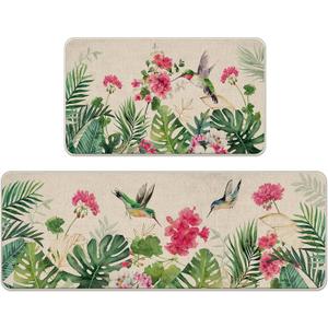 Spring Summer Geranium Flower Kitchen Rugs Set of 2, Hummingbird Red Floral Palm Leaves Kitchen Mats Decor, Monstera Floor Door Mat Home Decorations -17x29 and 17x47 Inch