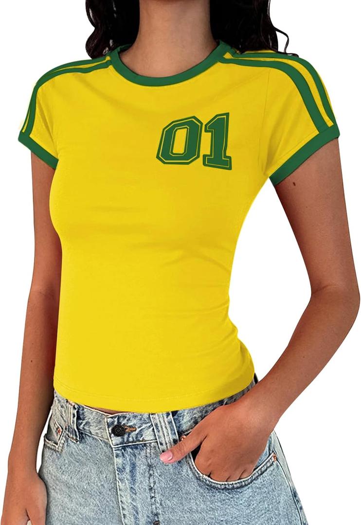 Y2k Graphic Baby Tees for Women Summer Short Sleeve Crop Tops Women T Shirts Going Out Tops Trendy Clothes (Large, Yellow)