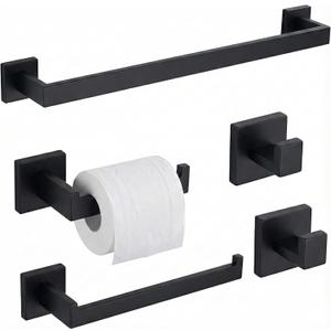 5 Piece Bathroom Hardware Set Matte Black, SUS304 Stainless Steel Towel Bar Set, Modern Square Accessories with 16 Inch Rack Toilet Paper Holder Robe Hooks (Matte Black)