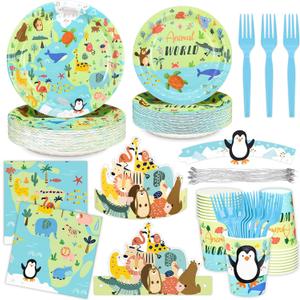 safari Animal Birthday Party Decorations Jungle Theme party plates and napkins set Ocean Animals Party Supplies dinner Plates Napkins Penguin Cup Sleeves Jungle safari Birthday Crowns Forks for party