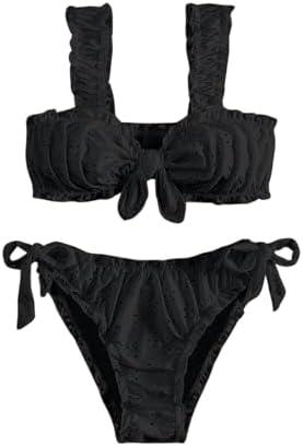 SHENHE Women's 2 Piece Cute Ruffle Swimsuit Knot Front Eyelet Tie Side Cut Bikini Set, M