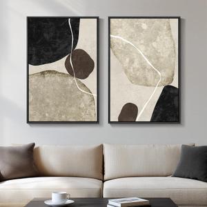 Framed Neutral Abstract Wall Art Set of 2, Modern Black Beige Brown Canvas Prints Paintings Artwork for Walls, Minimalist Stone Shape Pictures for Bedroom Dining Room Living Room Wall Decor 16x24 In, 16" W X 24" H X 2pcs
