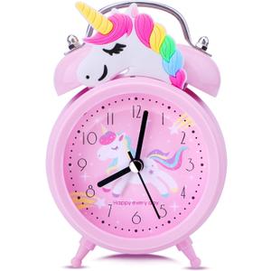 TCJJ Unicorn Alarm Clock for Girls Kids, Cute Bedroom Decoration, Non Ticking Silent Second Hand, w/Backlight Super Loud Twin Bell, for Kids Unicorn Gifts (Pink)
