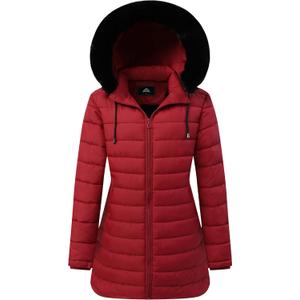 GOLDLADIES Women's Waterproof Long Down Jacket,Warm Winter Hooded Puffer Coat Thickened for Hiking Outdoor (Large, Claret)