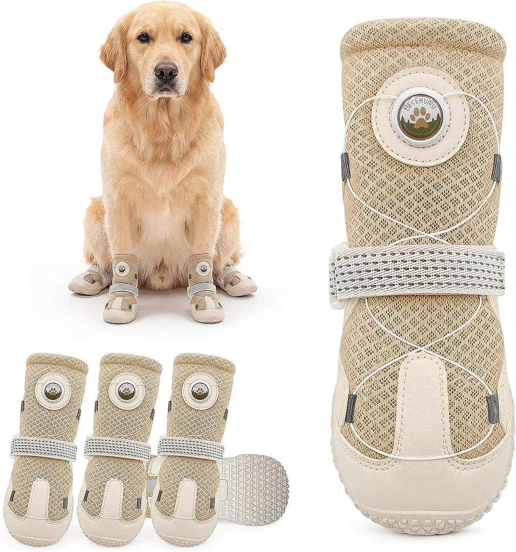BECEMURU Dog Shoes with Tension Knob, Anti-Slip Breathable Lightweight Dog Boots, Paw Protectors for Summer Hot Pavement, Outdoor Walking Hiking, Khaki Size 2