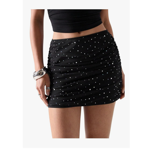 Women's Rhinestone Mesh Mini Skirt Glitter Ruched Bodycon Party Club Going Out Skirts, Size M