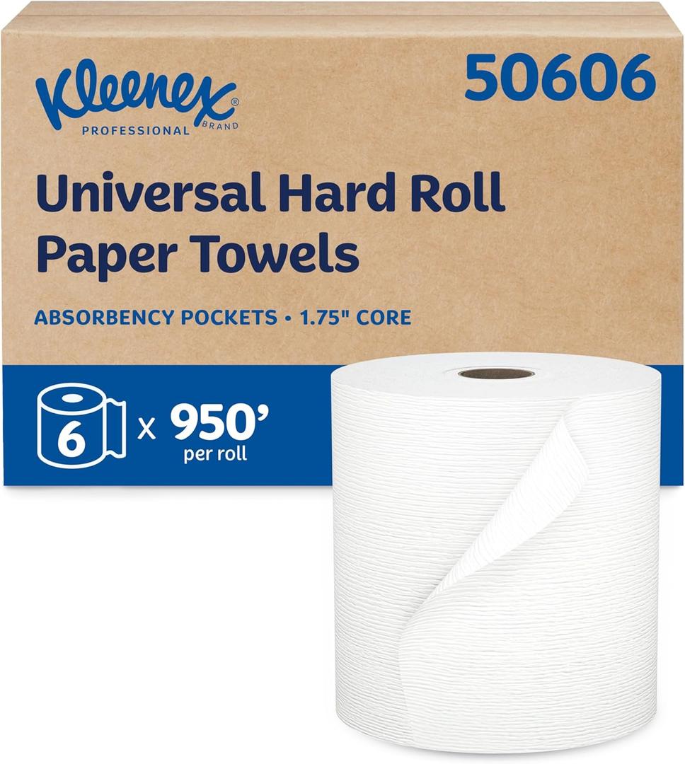 Kleenex Professional Universal Hard Roll Paper Towels, Bulk (50606), Hardwound 1.75" Core, Premium Absorbency Pockets, White (6 Rolls at 600' Each, 3,600'/Case)