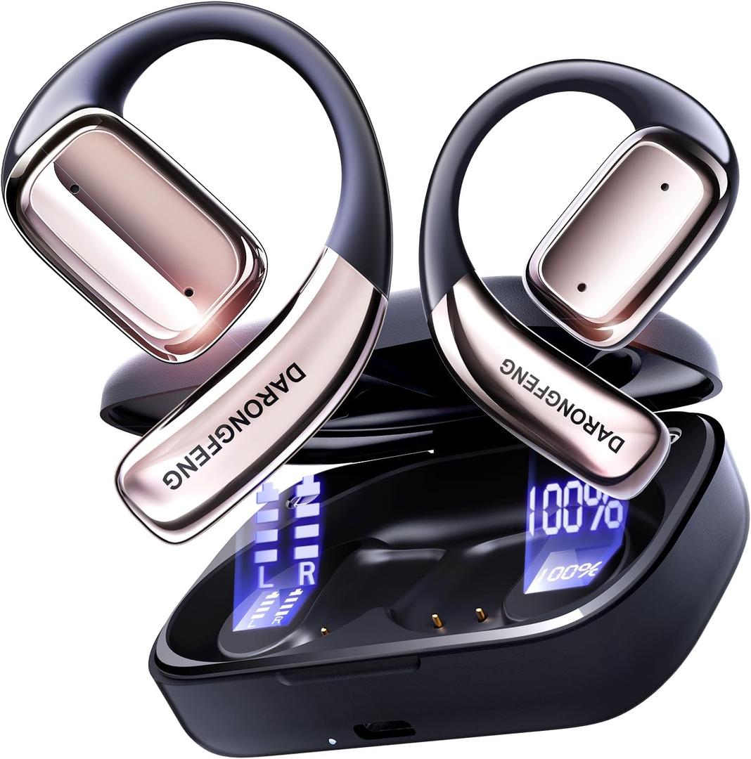Open Ear Wireless Bluetooth Headphones, Pain-Free Air Conduction Ear Buds with LED Digital Display Charging Case, Sweat Resistant for Running, Safe Driving, and Extended Daily Use