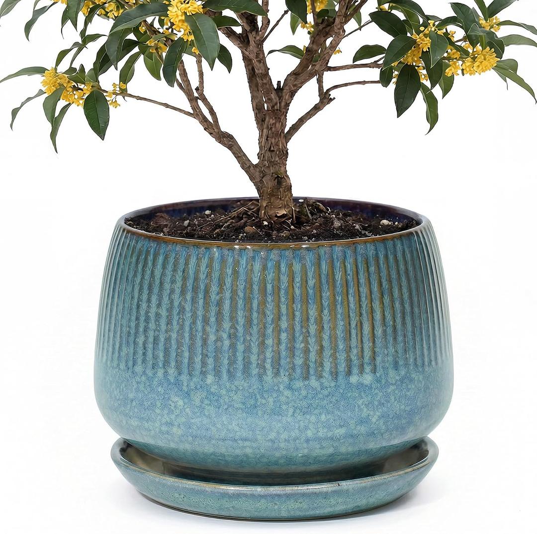 10.3 Inch Ceramic Planter with Saucer,Modern Garden Pots with Drainage Hole Mesh Net, for Indoor Outdoor Use(Crackle Blue)