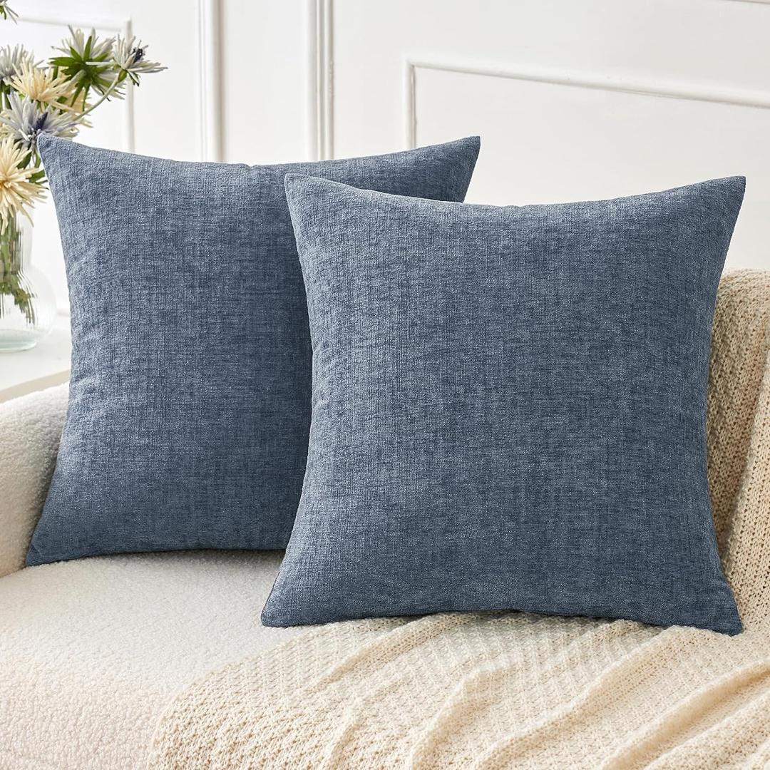 MIULEE Pack of 2 Couch Throw Pillow Covers 16x16 Inch Soft Dark Grey Blue Chenille Pillow Covers for Sofa Living Room Solid Dyed Pillow Cases