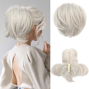 HOOJIH Ponytail Extension, Claw Clip in Straight Messy Hair Bun 9 Inch Short Ponytail with Bendable Metal Wire Hair Pieces for Women Fake Hair Bun DIY Styles - Platinum Gray with Blonde Mixed