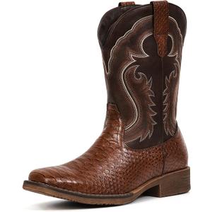 IUV Cowboy Boots for Men Faux Snake Skin Embroidered Western Boots Slip Resistant Square Toe Pull on Mid Calf Cowboy Boot (10.5, Dark Brown)