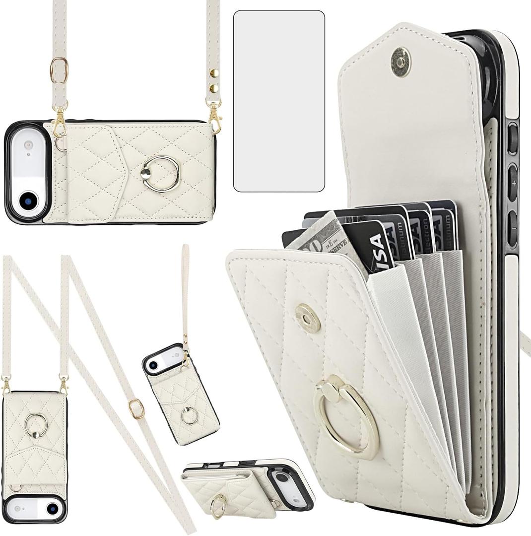 Asuwish Phone Case for iPhone 17 Air 6.5 inch Wallet Cell Cover with Tempered Glass Screen Protector Crossbody Wrist Strap Ring RFID Blocking Card Holder i Phone17 i17 17Air Women Men Girls Off White