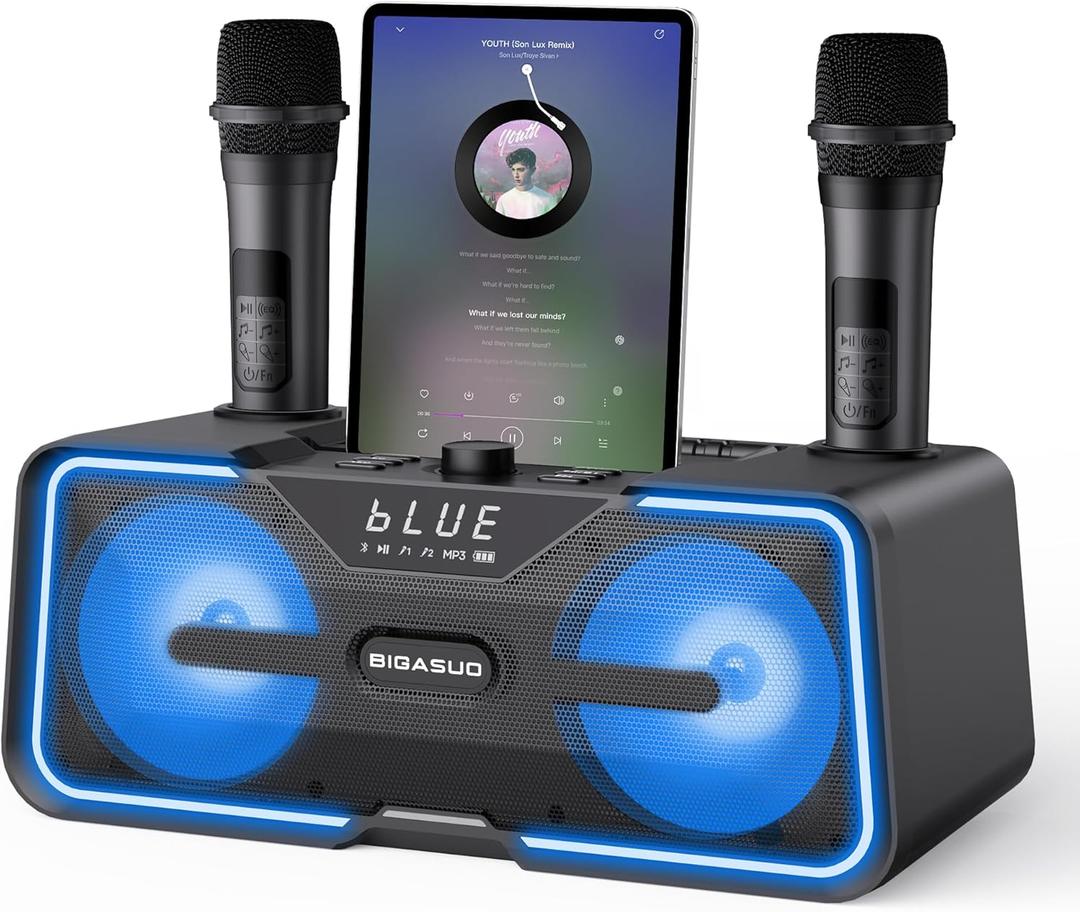 BIGASUO Portable Karaoke Machine with 2 UHF Wireless Microphones LED Lights for Adults Kids Bluetooth Singing PA System Supports TF Card, USB, AUX in