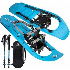 G2 23/25/30 Inch Mountain Terrain Snowshoes with Trekking Poles Set, Special Steel Traction Rails, EVA Foam Padded, Flexible Pivot Bar, Tote Bag, Grey/Blue/Red Available