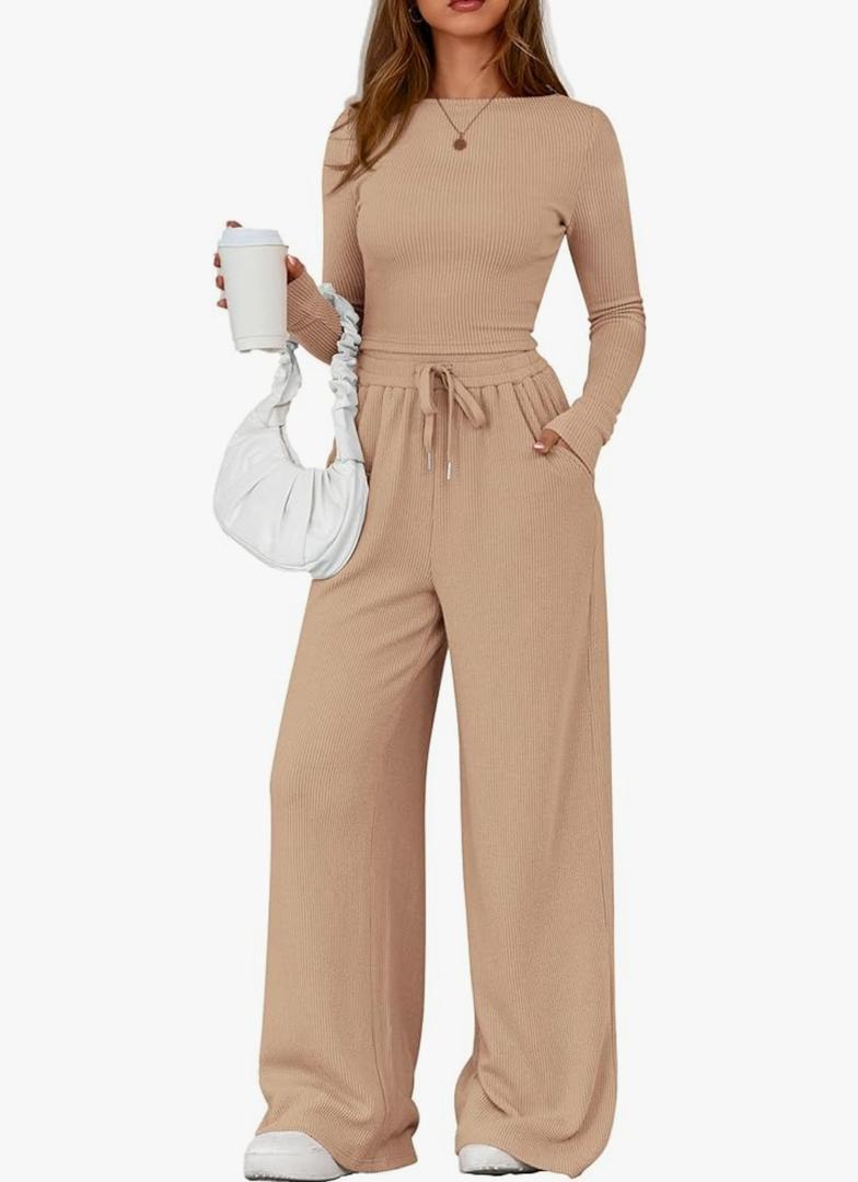 PRETTYGARDEN Matching Sets Women Clothing 2026 Fall Fashion Travel 2 Piece Lounge Sets Long Sleeve Crop Top Wide Leg Pants, Size M