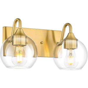 Emak Modern Brushed Gold Bathroom Light Fixtures, 2-Light Bathroom Vanity Light with Clear Glass Shade, Globe Vanity Lights for Bath, Mirror, Makeup Desk, VL118-BGD-CG-2