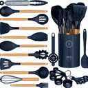 Silicone Cooking Utensils Set - Silicone Kitchen Utensils for Cooking Wooden Handles, 446F Heat Resistant Kitchen Utensil Spatula Sets w Holder, Gadgets for Non-Stick Cookware BPA FREE (Navy Blue)