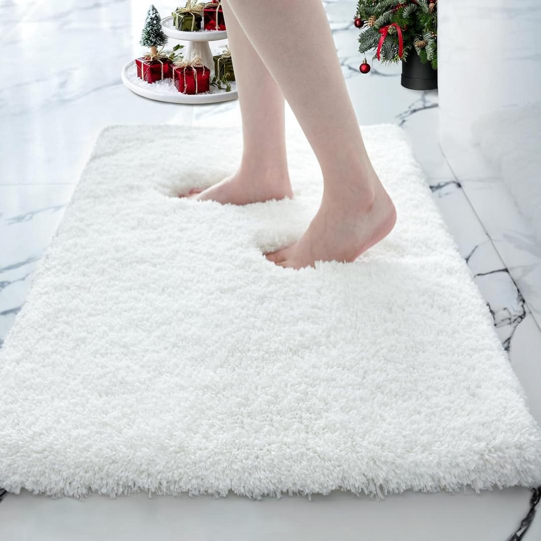 Small Bathroom Rugs 17x24 Non Slip White Fluffy Bath Mat for Bathroom Floor Machine Washable Plush Luxury Bath Rug for Tub Soft Shaggy Absorbent Shower Mat