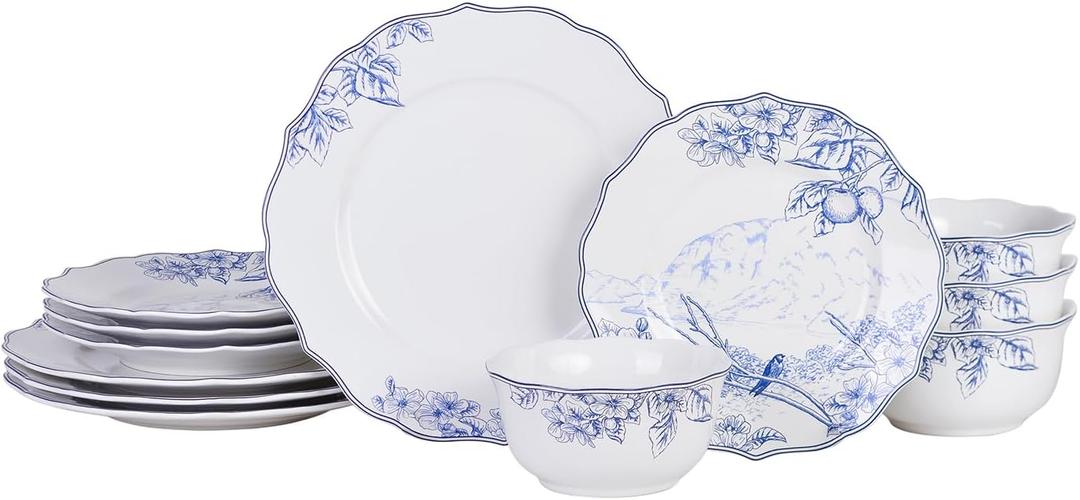 222 Fifth Hudson Valley 12-Piece Porcelain Dinnerware Set – Service for 4, Plate & Bowl Set, White with Blue Floral and Fauna Traditional Design, for Daily Dining, Microwave & Dishwasher Safe