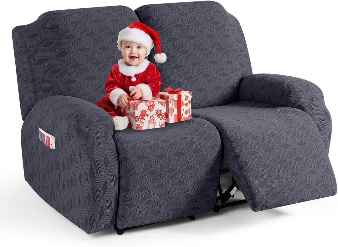 TAOCOCO Recliner Loveseat Cover, Stretch Jacquard Reclining Loveseat Cover Furniture Protector Sofa Slipcovers 2 Seat Recliner Covers with Elastic Bottom for Kids, Pets (Dark Grey)