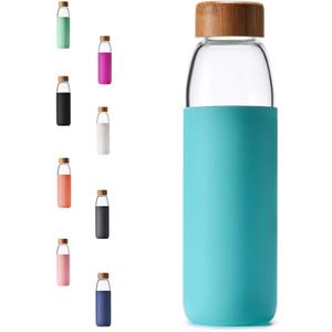 veegoal 18 Oz Borosilicate Glass Water Bottles with Bamboo Lid, BPA-FREE, Non-Slip Silicone Sleeve, and Stainless Steel Leak Proof Lid - Reusable Glass Bottle for Men and Women (Teal)