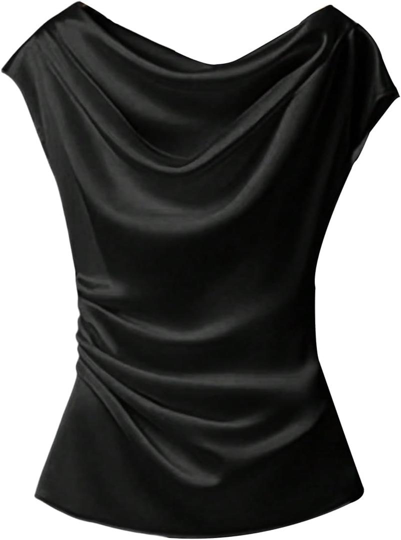 SOLY HUX Women's Satin Blouse Ruched Cowl Neck Elegant Shirt Summer Tops Work Office Outfits, S, Black
