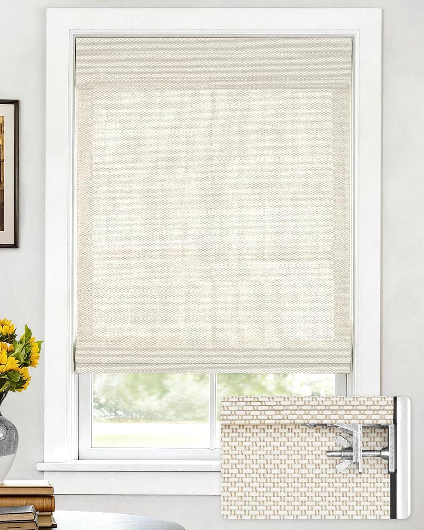 LazBlinds No Drill Bamboo Roman Shades, 25" W x 64" H, Star-Off White