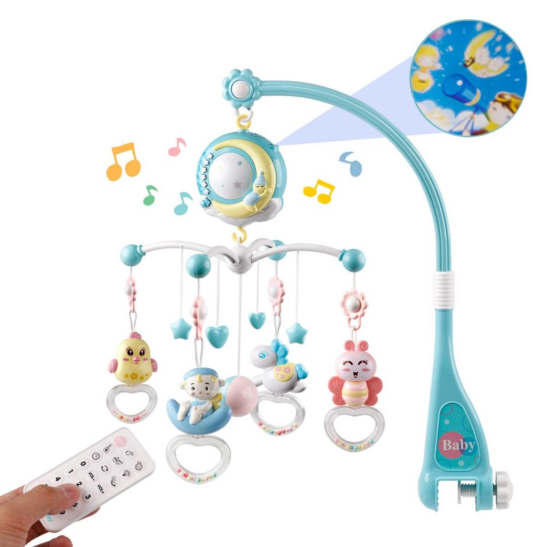 Mini Tudou Baby Musical Mobile Crib with Music and Lights, Timing Function, Projection, Take-Along Rattle and Music Box for Babies Boy Girl Toddler Sleep (Blue)