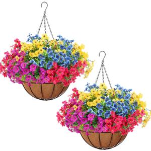2 Set Outdoor Artificial Hanging Baskets, UV Resistant Faux Fake Hanging Flowers Plants Planters for Spring Summer Front Porch Patio Yard Garden Home Decor (Purple, Yellow, Hot Pink, Blue)