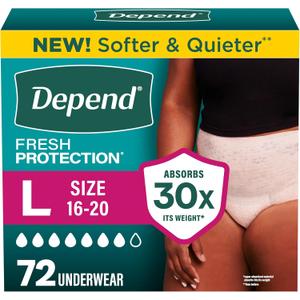 Depend Fresh Protection Adult Diapers, Incontinence Underwear for Women, Disposable, Maximum, Large, Blush, 72 Count (2 Packs of 36)