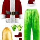 Halloween Costumes Adult Men Green Santa Costume, 8Pcs Furry Santa Suit Funny Christmas Santa Outfit (Large)