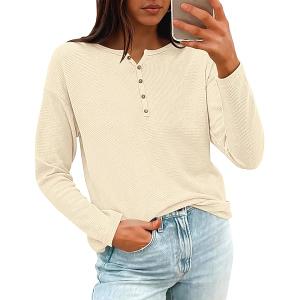 Darong Women's Waffle Knit Tunic Long Sleeve Button Up V Neck Henley Shirts Casual Fall Pullover Tops Size L