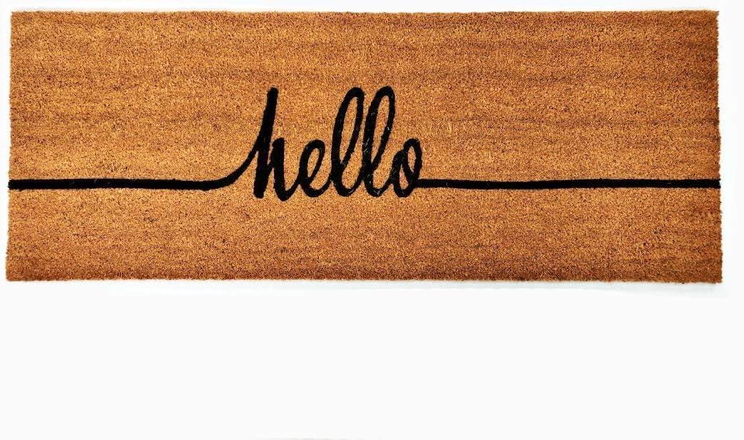 Kempf Cursive Hello Coco Coir Doormat, 18" x 47", Heavy-Duty Indoor Outdoor Entrance Mat with Non-Slip Backing (1'6" x 3'11" (Rectangular))