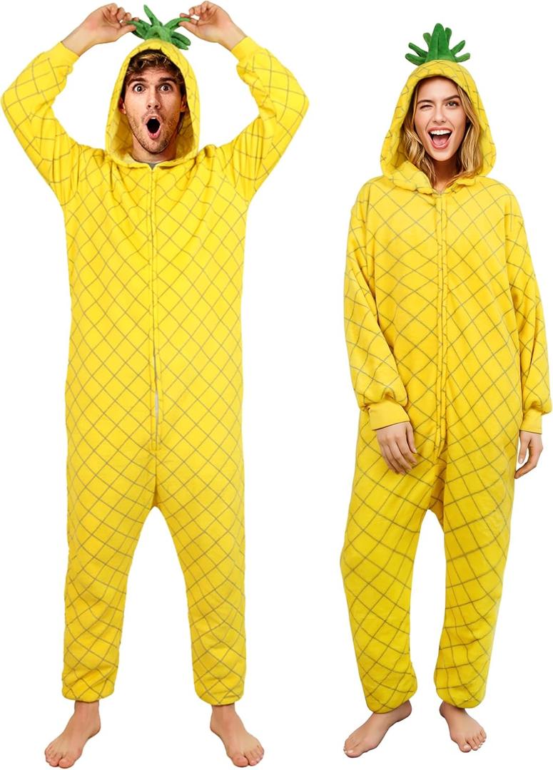 Pineapple Adult Comfortable One Piece Pajama Costume for Women Men Fun Food Themed Halloween Cosplay Party Outfit