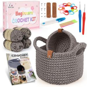 Aeelike 27PCS Crochet Basket Kit for Beginners (L&S), Complete Crochet Kit Include Instruction Beginner-Friendly Yarn, Starter Knitting Set for Beginners, Crocheting Gift for Storage Home Decor