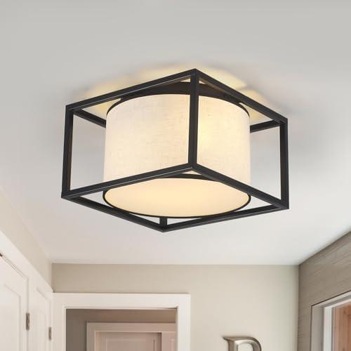 Semi Flush Mount Ceiling Light Fixture, 3-Light Fabric Drum Shade Ceiling Light With Black Metal Frame, Entryway Light Fixtures, Close To Ceiling Light For Bedroom, Living Room, Kitchen, Hallway