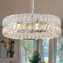 Crystal Chandelier for Dining Room,17.7'' LED Luxury Modern glass Mount Chandelier Fixtures, Round Kitchen Hanging Drum Pendant Lights Ceiling for Living Room Bedroom Foyer, with 7pc*5W Bulbs (Chrome)