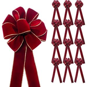 CT Craft Christmas Handmade Tree Topper Bow 10" X 26" X 12 PCS Burgundy/Red Wine Velvet Ribbon Gold Wired Edge for Tree Topper Wreath Indoor Outdoor Holiday Decoration