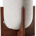 LE TAUCI 10 Inch Planter with Acacia Wood Stand, Ceramic Planters for Indoor Plants, Unique Plant Pots Indoor for Home Decor, Cylinder Pots for Plants with Drainage Hole and Plug, Neutral Gray