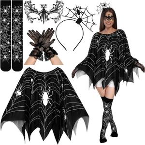 Newcotte 5 Pcs Women Halloween Spider Costume Accessory Spider Web Dress Poncho Cape Hair Hoop Stockings Lace Mask Choker