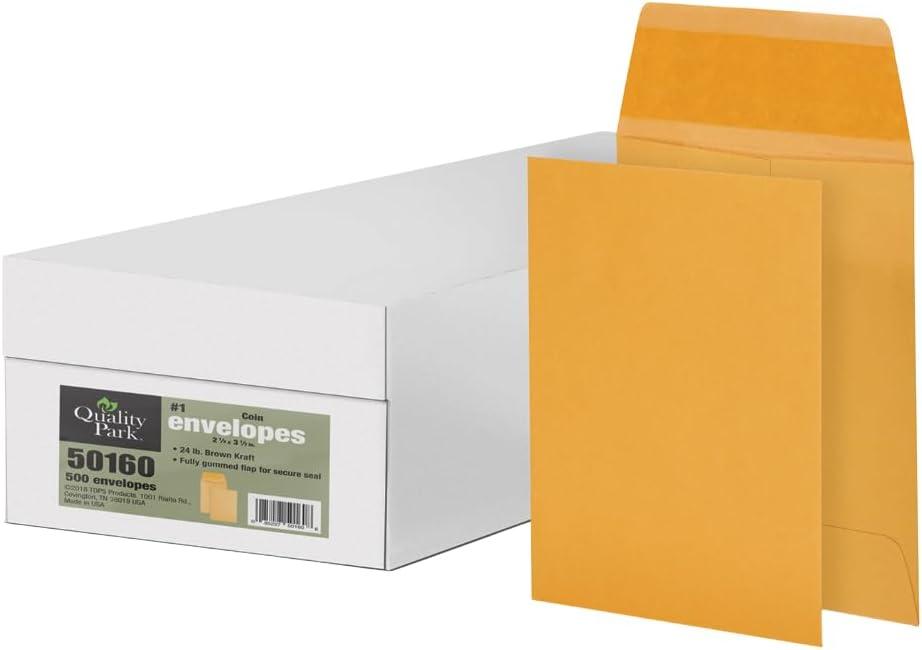 Quality Park #1 Coin Envelopes, 2 1/4 x 3 1/2, Gummed, Small Parts, Jewelry & Seed Envelopes for Garden, Office, 24 lb Kraft, 500 per Box (QUA50160)