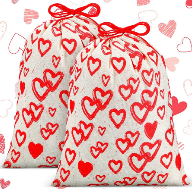 Pickmesh 2 Pcs Large Valentine's Day Drawstring Gift Bag 20x28 Inch Reusable Fabric Red Heart Cloth Bags with Tag for School Birthday Wedding Baby Shower Party Supplies(red, Valentine's Day)
