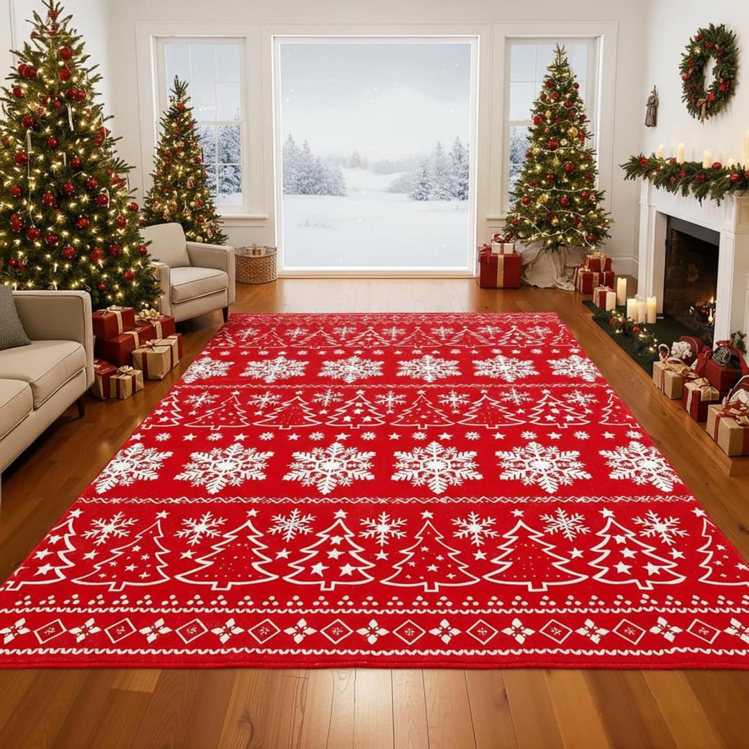 Drydiet Christmas Area Rug 5' x 7' Washable Rugs for Living Room Decorative Indoor Rug Holiday Decor Xmas Non Slip Carpet for Bedroom Kitchen Office (Snowflake and Christmas Tree)